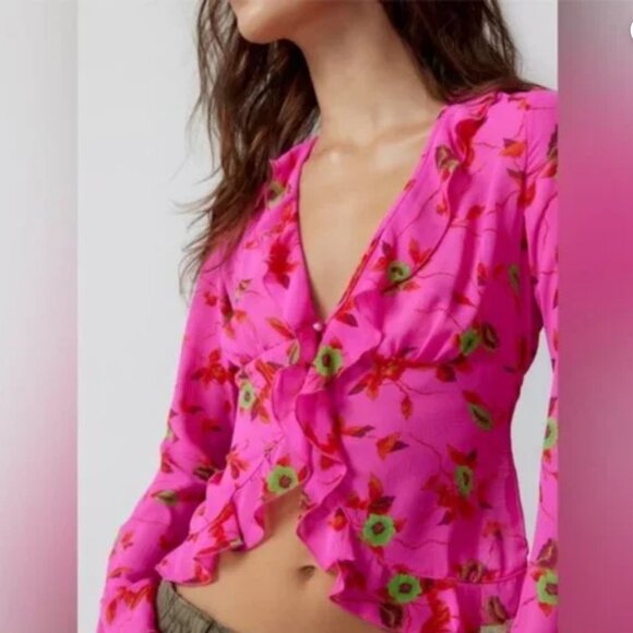 Urban Outfitters x Ecote | Terri Semi Sheer Ruffle Blouse Pink New Small Floral - Picture 2 of 7